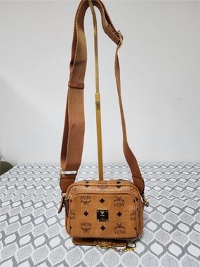 Authentic MCM Visetos Mini Leather Aren Crossbody Bag Brown